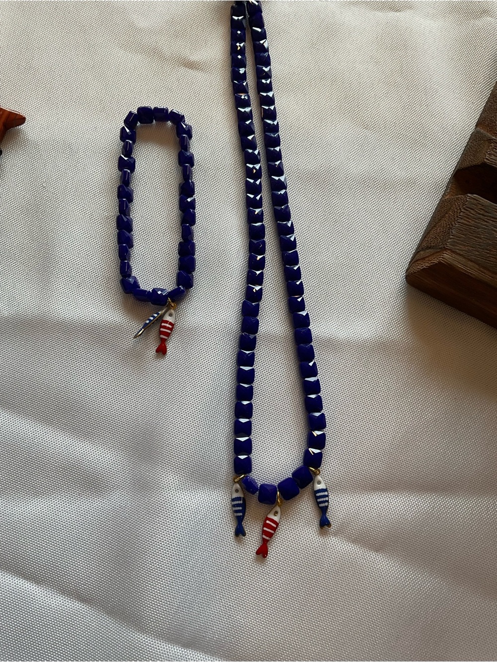 Handcrafted Blue Beaded Necklace and bracelet set with Nautical 3 fish Charm - Picture 2 of 2
